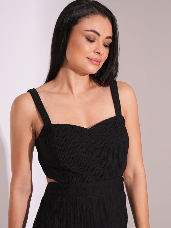 Globus Women Black Self Design Sweetheart Neck Strappy Shoulder Waist Cut-Out Detail Sheath Party Dress