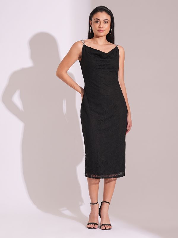 Globus Women Black Cowl Neck Metal Shoulder Straps Side Slits Lace Bodycon Midi Party Dress