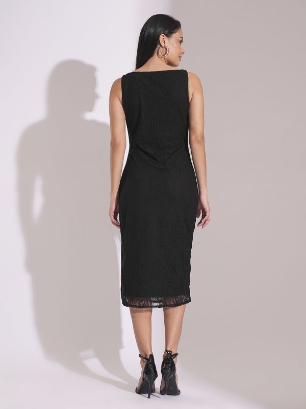 Globus Women Black Cowl Neck Metal Shoulder Straps Side Slits Lace Bodycon Midi Party Dress
