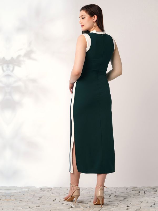 Globus Women Green Round Neck Sleeveless Colourblock Side Slit Midi Bodycon Workwear Dress