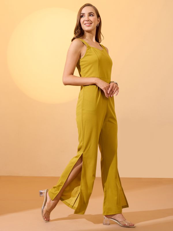 Globus Women Lime Green Sweetheart Neck Strappy Shoulder Solid Side Slit Hem Party Jumpsuit