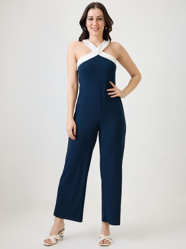 Globus Women Navy Blue Halter Style Back Neck Party Jumspuit
