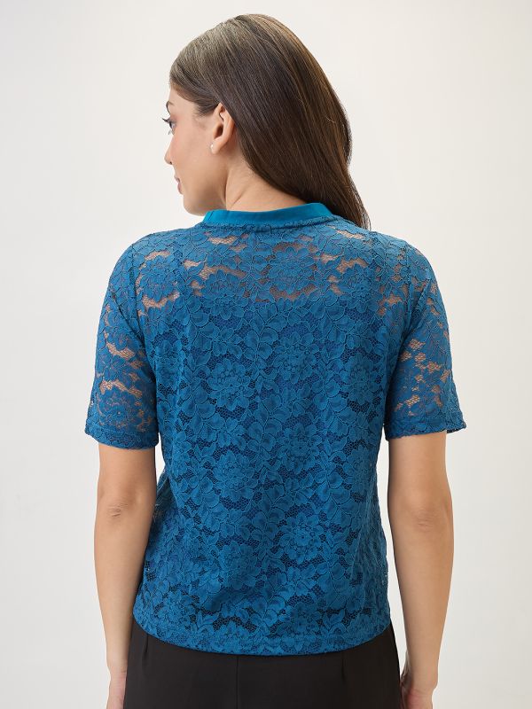 Globus Women Teal Round Neck Short Sleeves Opaque Floral Lace Party Top