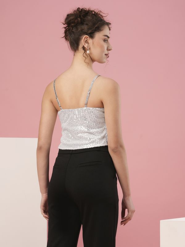 Globus Women White Sweetheart Neck Shoulder Straps Twisted Detail Sequinned Party Top