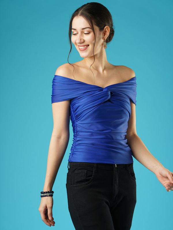 Globus Women Blue Solid Twisted & Ruched Side Detail Stretchable Party Bardot Top