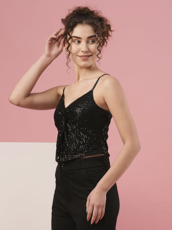 Globus Women Black Sweetheart Neck Shoulder Straps Twisted Detail Sequinned Party Top