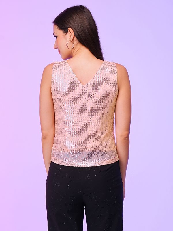 Globus Women Rose Gold Round Neck Sequinned Party Top