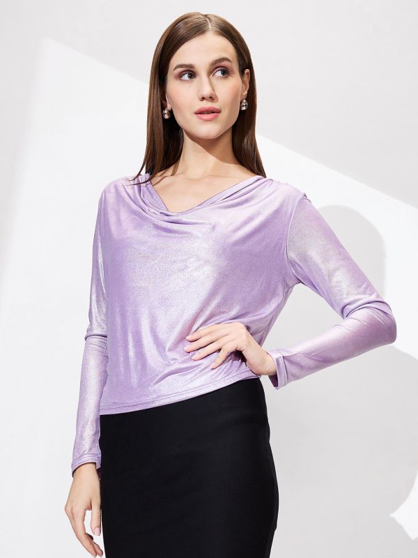 Globus Women Lavender Cowl Neck Long Sleeves Stretchable Shimmer Party Top