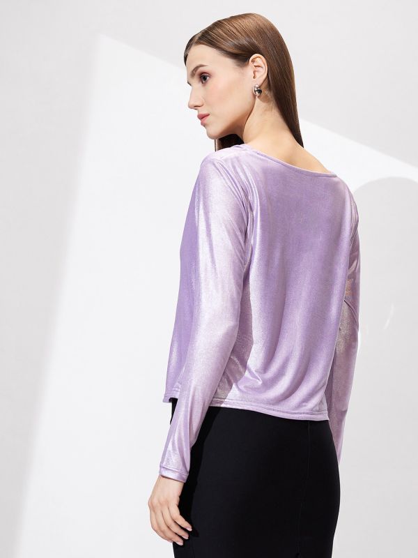 Globus Women Lavender Cowl Neck Long Sleeves Stretchable Shimmer Party Top