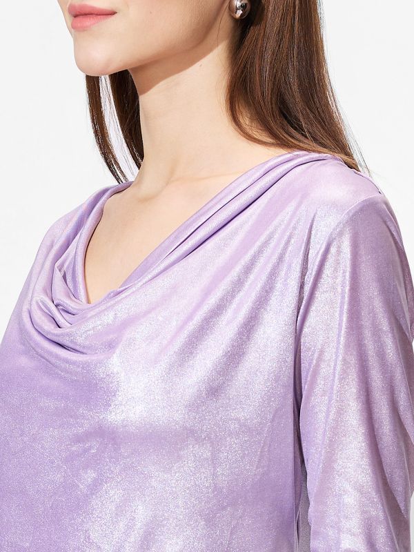 Globus Women Lavender Cowl Neck Long Sleeves Stretchable Shimmer Party Top