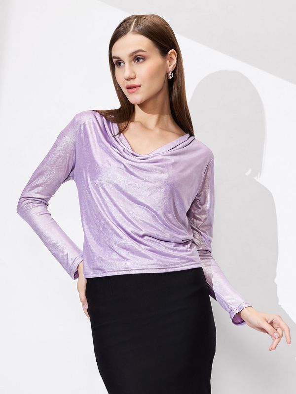 Globus Women Lavender Cowl Neck Long Sleeves Stretchable Shimmer Party Top