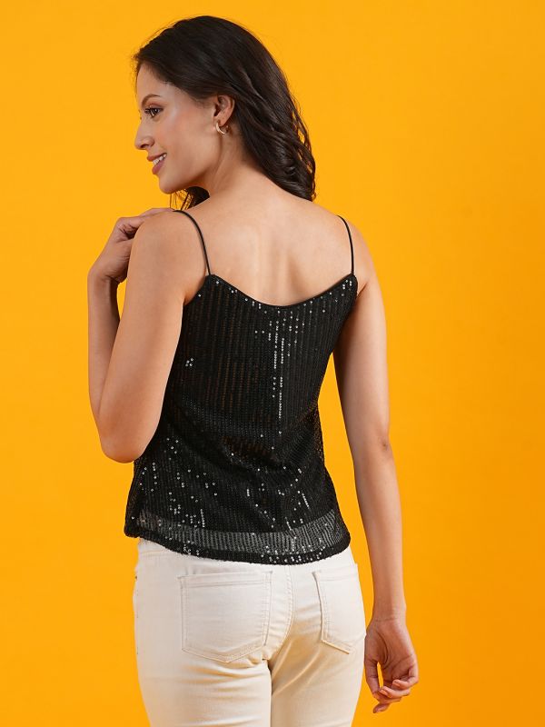 Globus Women Black Embellished Sweetheart Neck Strappy Shoulder Sequinned Party Top