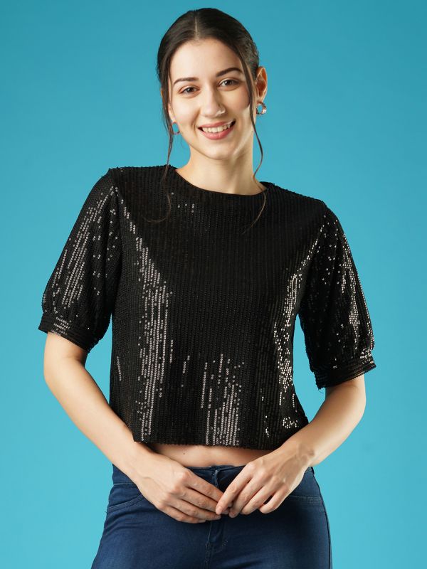 Globus Women Black Round Neck Puff Sleeves Sequined Party Top