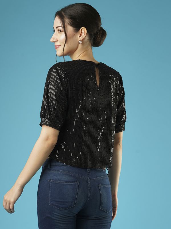 Globus Women Black Round Neck Puff Sleeves Sequined Party Top