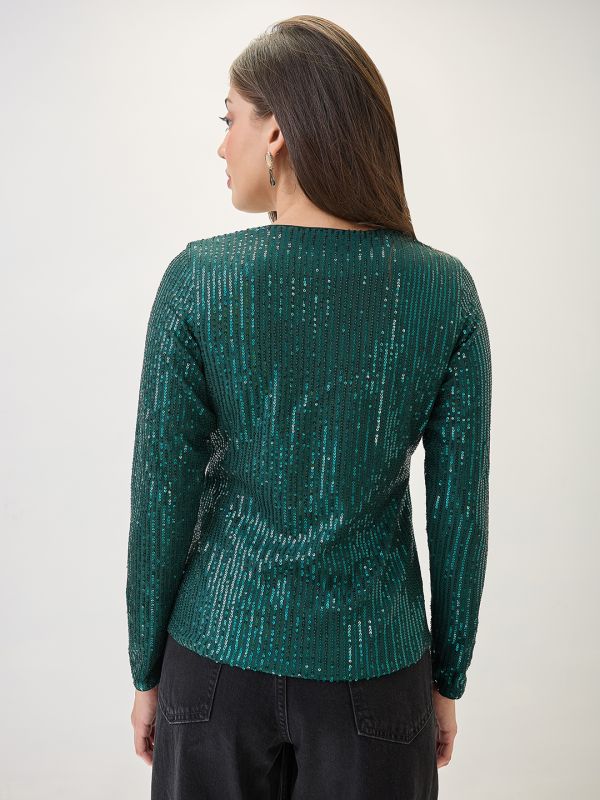 Globus Women Green V-Neck Long Sleeves Embellished Party Top