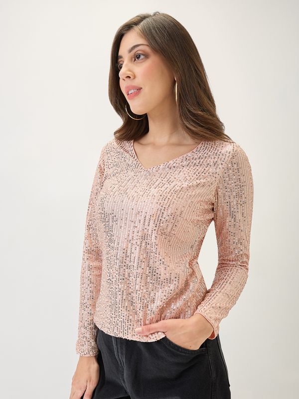 Globus Women Champagne V-Neck Long Sleeves Embellished Party Top