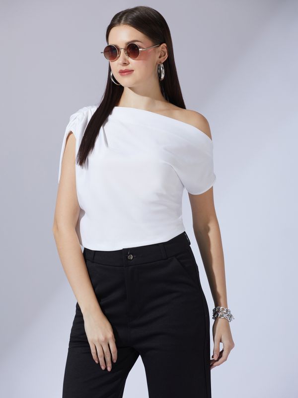 Globus Women White One Shoulder Extended Sleeve Party Top
