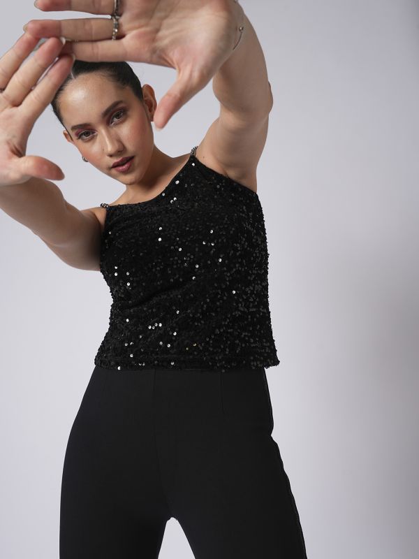 Globus Women Black Round Neck Chain Shoulder Straps Sequinned Velvet Party Top