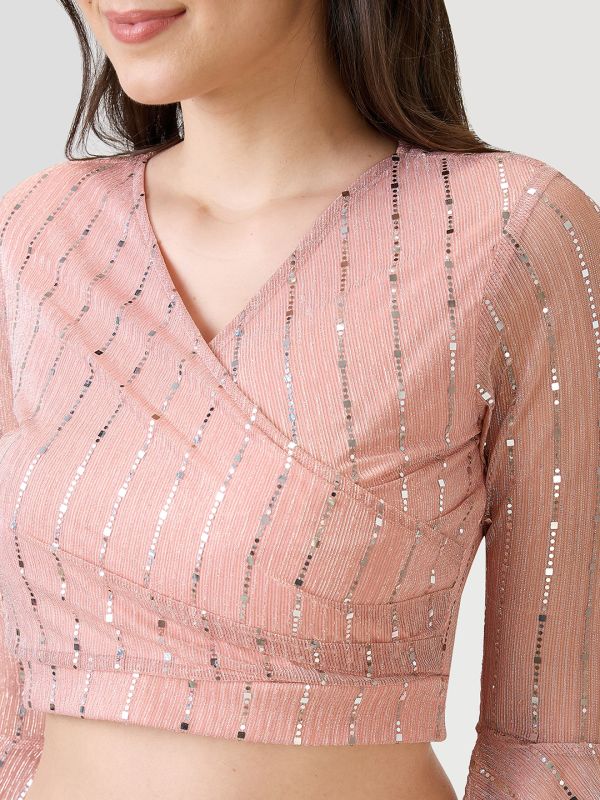 Globus Women Pink V-Neck Flared Sleeves Embellished Sheen Waist Tie-Up Party Crop Top