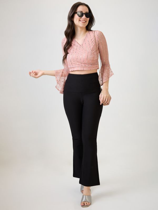 Globus Women Pink V-Neck Flared Sleeves Embellished Sheen Waist Tie-Up Party Crop Top