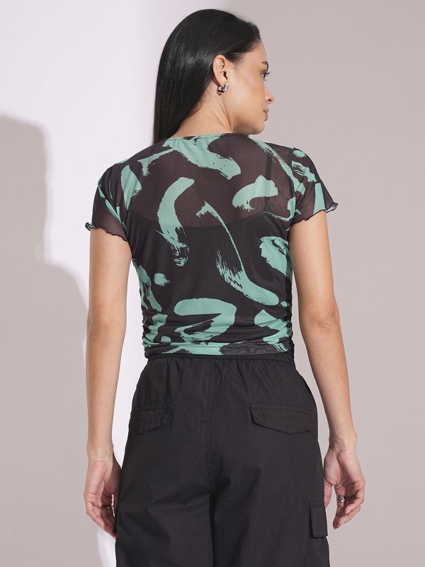 Globus Women Green Abstract Print Short Sleeves Semi Sheer Ruched Party Top