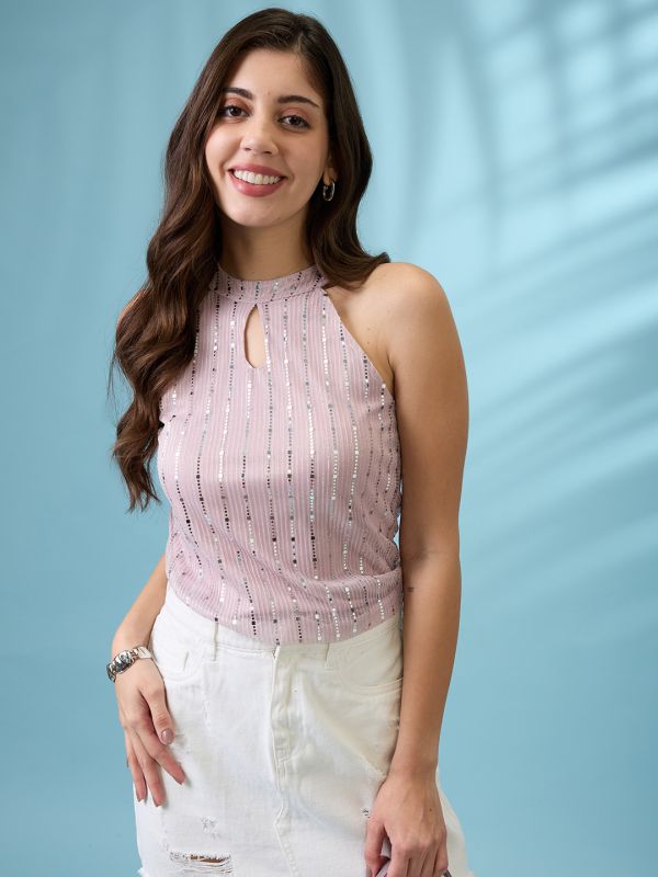 Globus Women Pink Keyhole Halter Neck Sequinned Detail Party Top
