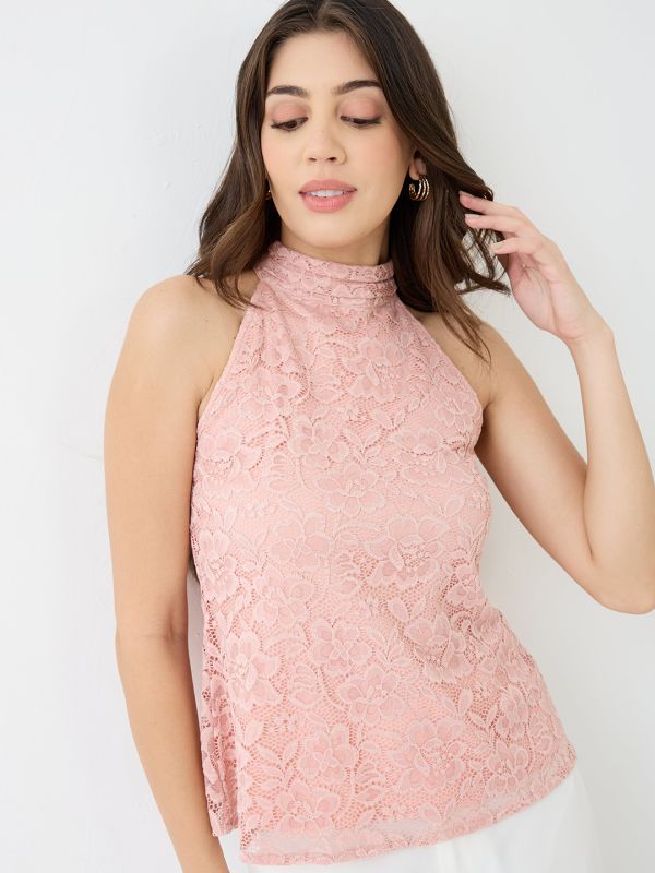 Globus Women Pink Halter Neck Self Design Floral Lace Party Top