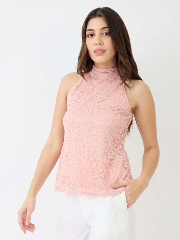 Globus Women Pink Halter Neck Self Design Floral Lace Party Top