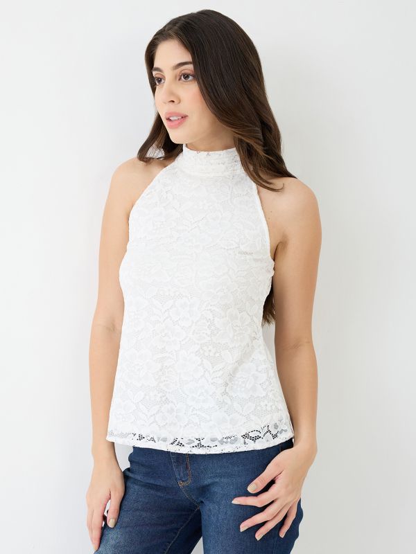 Globus Women White Halter Neck Self Design Floral Lace Party Top