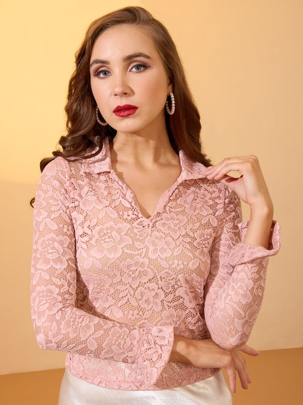 Globus Women Pink Collared V-Neck Floral Lace Party Top