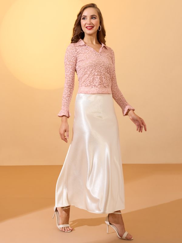 Globus Women Pink Collared V-Neck Floral Lace Party Top