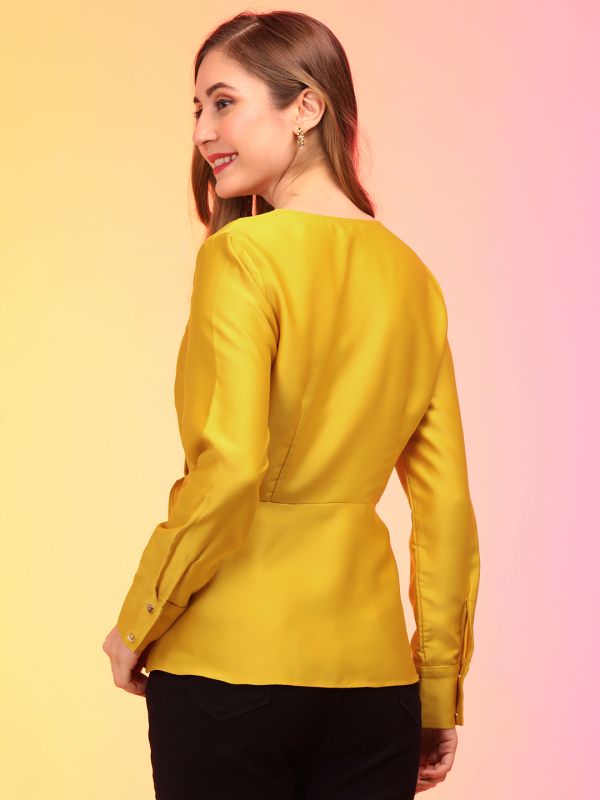 Globus Women Yellow V-Neck Cuffed Sleeves Pleated Wrap Party Top
