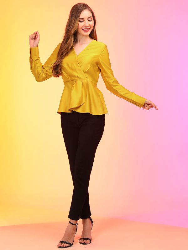 Globus Women Yellow V-Neck Cuffed Sleeves Pleated Wrap Party Top