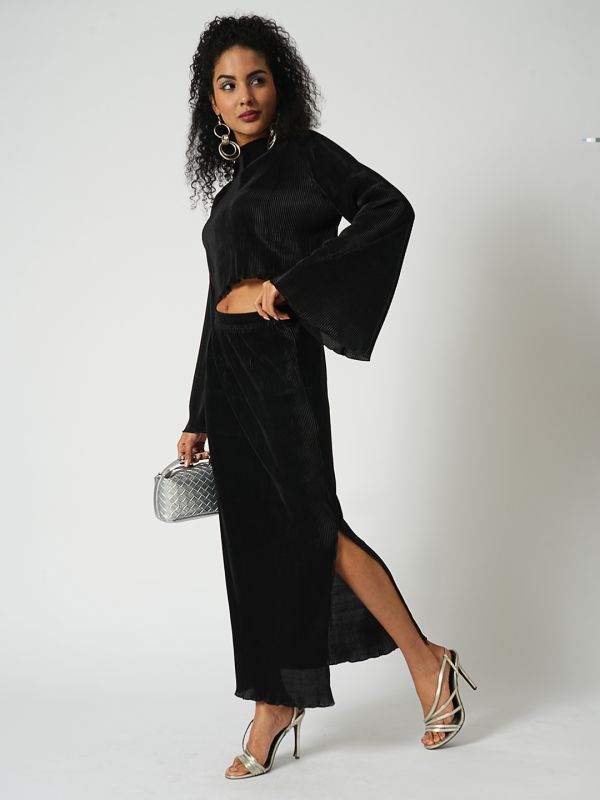 Globus Women Black Accordion Pleats Round Neck Bell Sleeves Crop Top With Side Slit Maxi Skirt Party Co-Ord Set