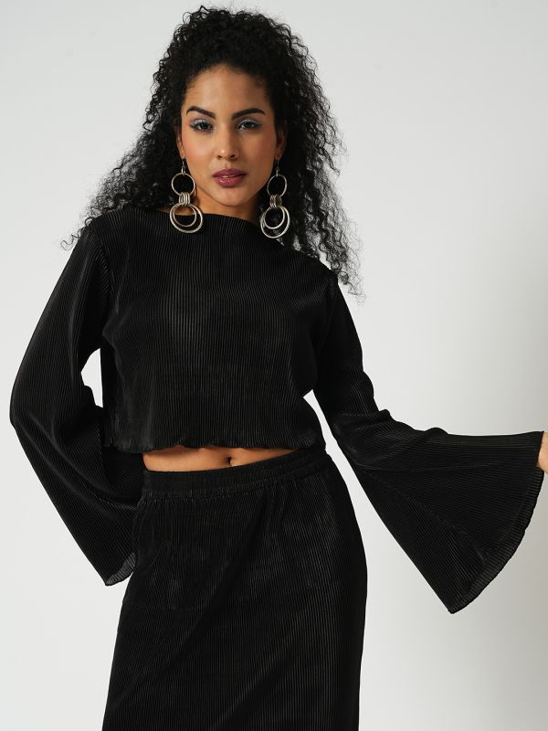 Globus Women Black Accordion Pleats Round Neck Bell Sleeves Crop Top With Side Slit Maxi Skirt Party Co-Ord Set
