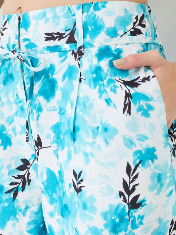 Globus Women Blue Notched Lapel Floral Print Crop Shirt & Wide Leg Trousers Co-Ord Set