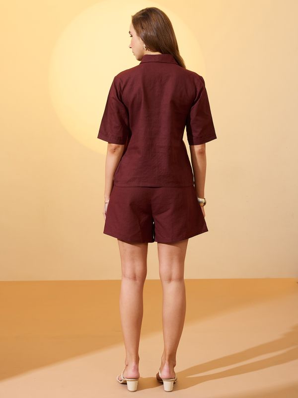 Globus Women Brown Notch Lapel Collar Embroidered Border Shirt with Mini Shorts Resort Co-Ords Set