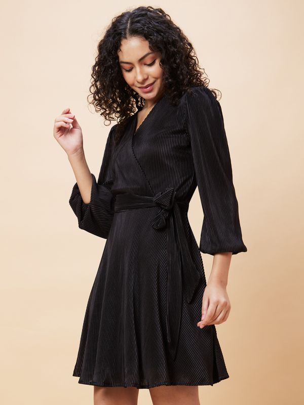 Globus Women Black Wrap Neck Bishop Sleeves Accordion Pleated Belted A-Line Dress