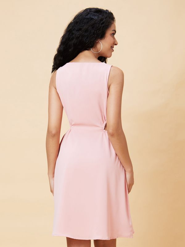 Globus Women Pink Solid Waist Cut Out Party A-Line Dress