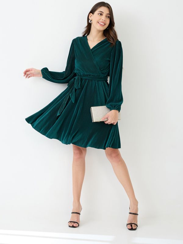 Globus Women Green Wrap Neck Bishop Sleeves Accordion Pleated Belted A-Line Dress