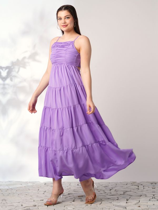 Globus Women Lavender Square Neck Strappy Shoulder Ruched Smocked Cut-Outs Detail Tiered Fit & Flare Maxi Party Dress