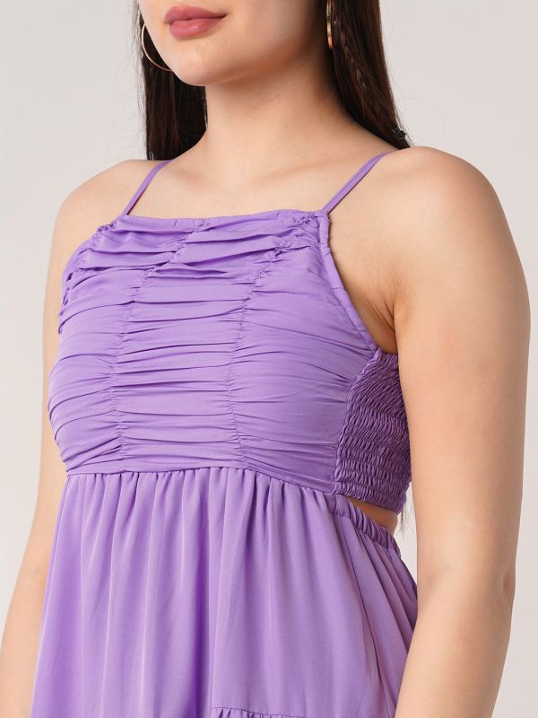 Globus Women Lavender Square Neck Strappy Shoulder Ruched Smocked Cut-Outs Detail Tiered Fit & Flare Maxi Party Dress