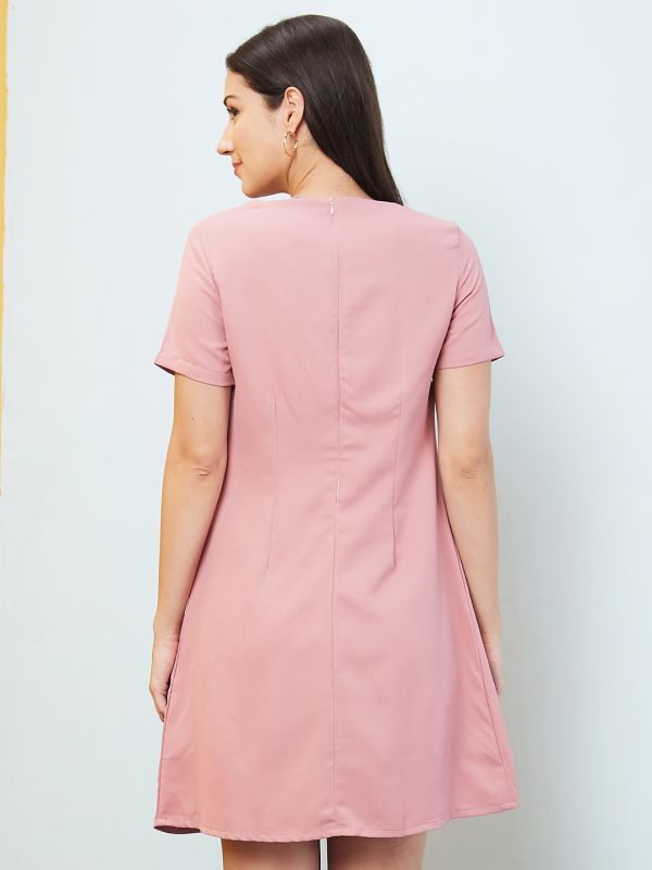 Globus Women Pink Solid Round Neck Fit And Flare Party Dress