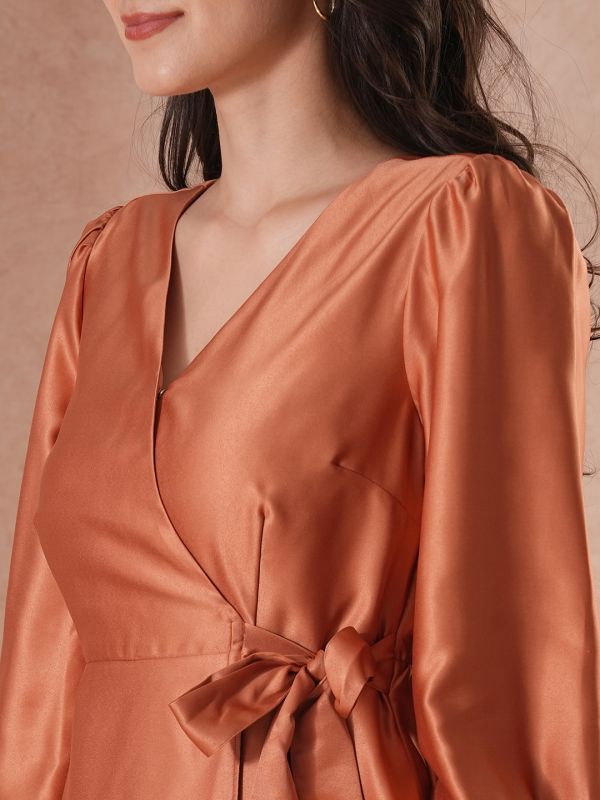 Globus Women Brown V-Neck Cuffed Sleeves Tie-Up Detail Fit & Flare Mini Party Dress