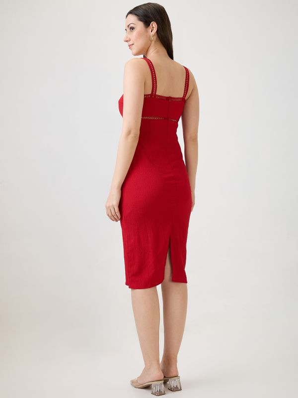 Globus Women Red Self Design Strappy Shoulder Lace Inserts Back Slit Bodycon Midi Party Dress