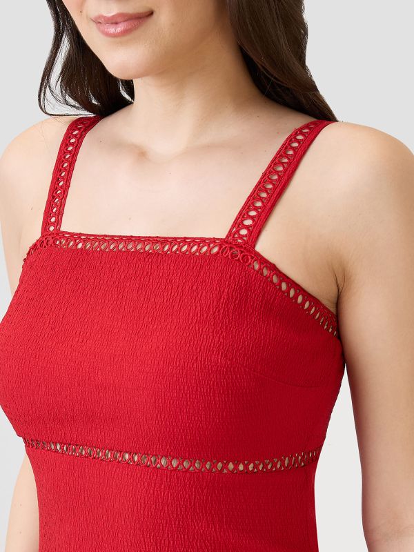 Globus Women Red Self Design Strappy Shoulder Lace Inserts Back Slit Bodycon Midi Party Dress