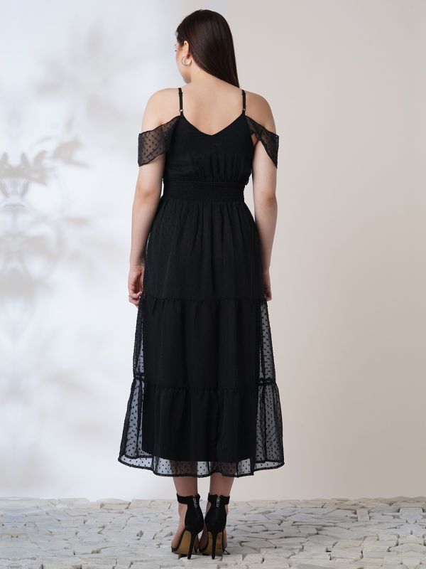 Globus Women Black Off Shoulder Self Design Ruffles Detail Smocked Fit & Flare Midi Party Dress