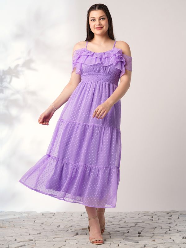 Globus Women Lavender Off Shoulder Self Design Ruffles Detail Smocked Fit & Flare Midi Party Dress
