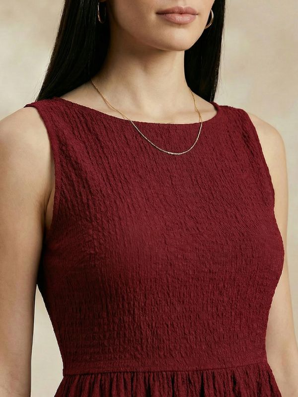 Globus Women Red Structured Fabric Boat Neck With Stylised Back Gathered Fit & Flare Party Dress