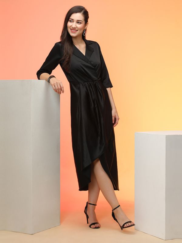 Globus Women Black Stretchable Notched Lapel Gathered Midi Workwear Blazer Dress With Tulip Hem